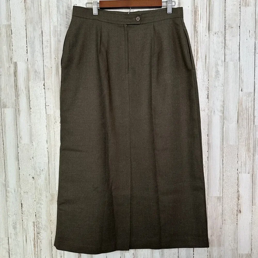 Vintage 100 Wool Midi Skirt Size 16 Olive Green Quiet Luxury Academia Preppy EUC